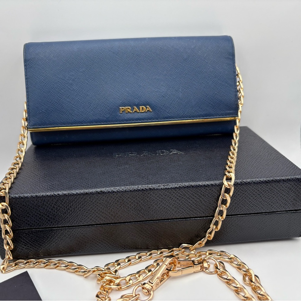Prada Blue Saffiano Long Wallet with gold chain